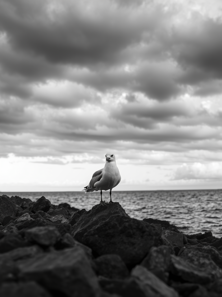 seagull perched on a rocky shoreline under dramatic cloudy skies, monochrome style, captured with a DSLR camera, aperture f/8, shutter speed 1/200s, ISO 200, wide angle view, high contrast black and white image