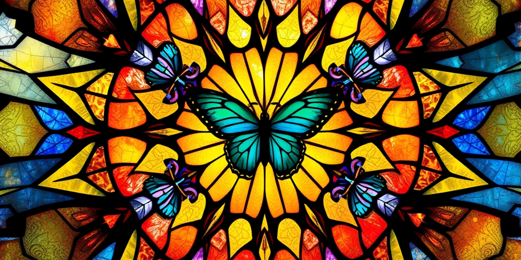 Create a vibrant stained glass star design featuring intricate butterfly patterns, captured with a DSLR camera at f/8 aperture, ISO 100, 1/125 sec shutter speed, in a top-down view, using a macro lens to highlight details.