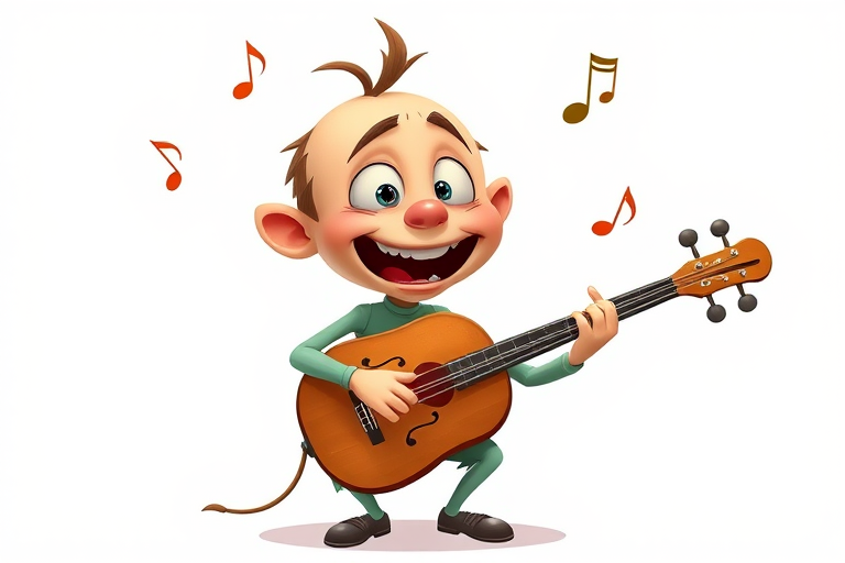 Create a whimsical cartoon character playing a string instrument, with exaggerated facial expressions and musical notes floating around, using a Canon EOS 5D Mark IV with a 50mm f/1.8 lens, aperture set to f/2.8, ISO 100, shot from a slightly angled front view with a bright white background for enhanced clarity and vibrancy.
