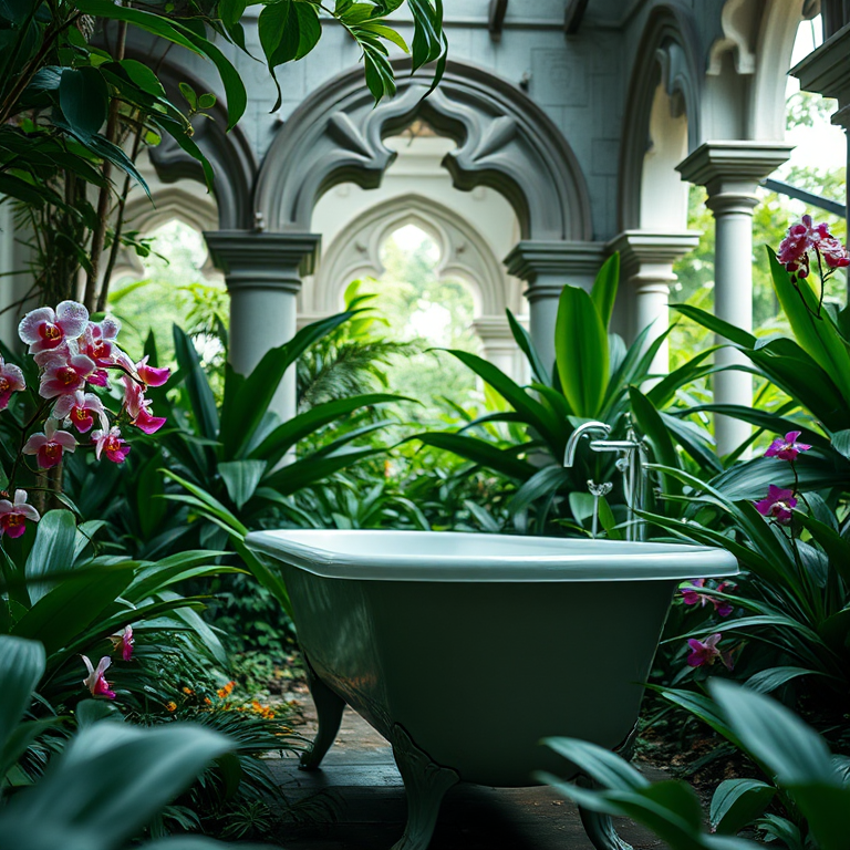 A vintage bathtub in a lush, overgrown tropical setting with intricate architectural arches in the background, surrounded by vibrant orchids and greenery, soft ambient lighting, shot with a Canon EOS R5, 24mm lens, f/2.8 aperture, ISO 100, low angle view, shallow depth of field, cinematic style.