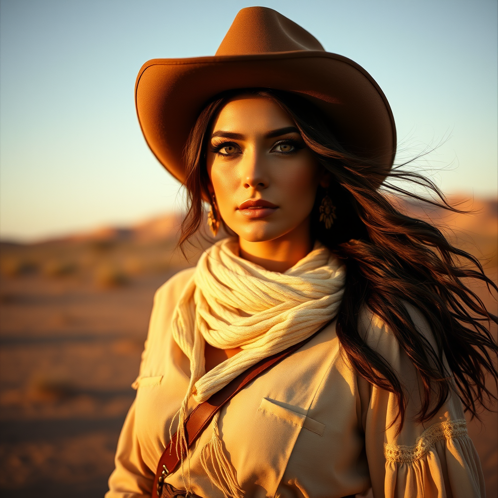 Dramatic photo of a beautiful Circassian woman, classic cowboy attire, confident and free spirit expression, half-length portrait, centered, golden hour desert landscape, warm, diffused light, low angle, medium format film camera, in style of Annie Leibovitz.