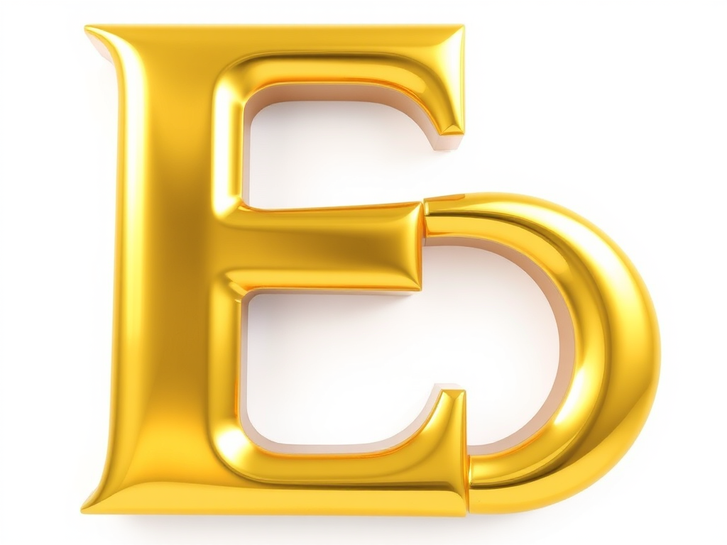 Create a high-resolution image of a large gold letter E with a shiny metallic finish, using a DSLR camera with a 50mm lens, aperture f/2.8, ISO 100, and soft diffused lighting to enhance reflections and depth.