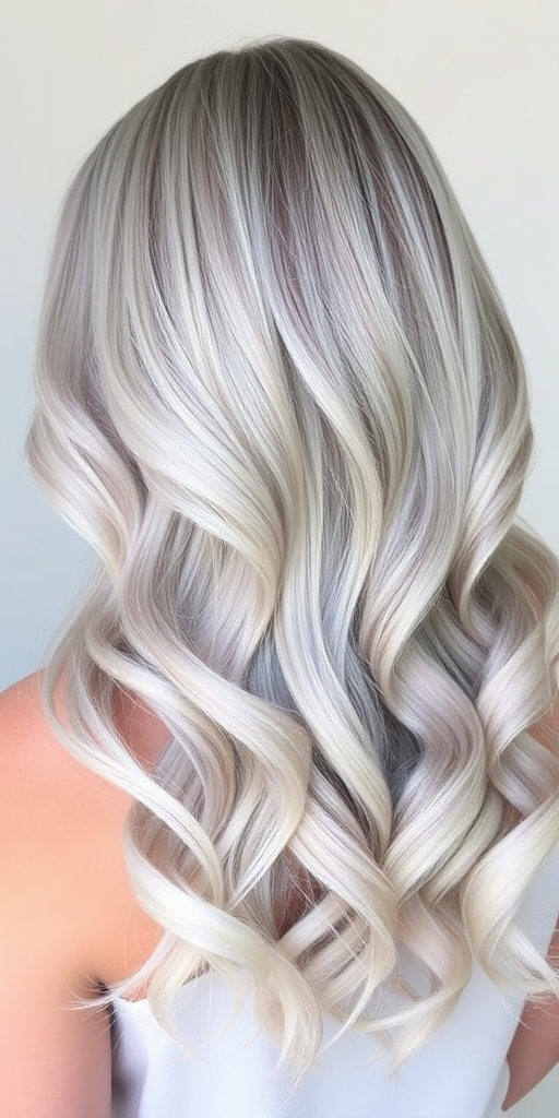 Soft silver-gray waves blending into pearl white ends, the "Moonlight Cascade" hairstyle radiates ethereal beauty and timeless sophistication