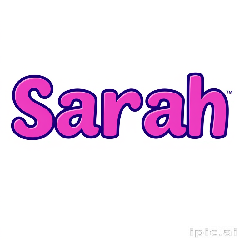 he name "Sarah" in bold, purple font, pink and yellow accents, flat isolated background