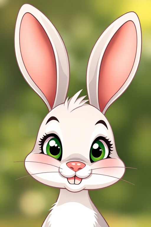 Create a cute cartoon rabbit head with large ears, green eyes, and a friendly smile, using a 50mm lens with f/1.8 aperture, shot in soft natural lighting, from a front view, high resolution, in a digital illustration style.