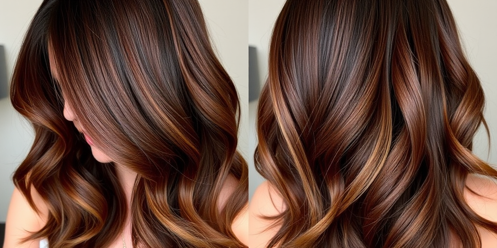 Rich chocolate brown hair with caramel highlights, styled in sleek curtain bangs and long layers, the Mocha Cascade style radiates warmth and depth