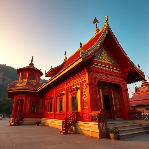 A serene view of a traditional temple with vibrant red and gold details, captured at golden hour, using a DSLR camera with a 24mm lens, f/8 aperture, ISO 100, and a wide-angle shot to emphasize architectural features and surrounding landscape.