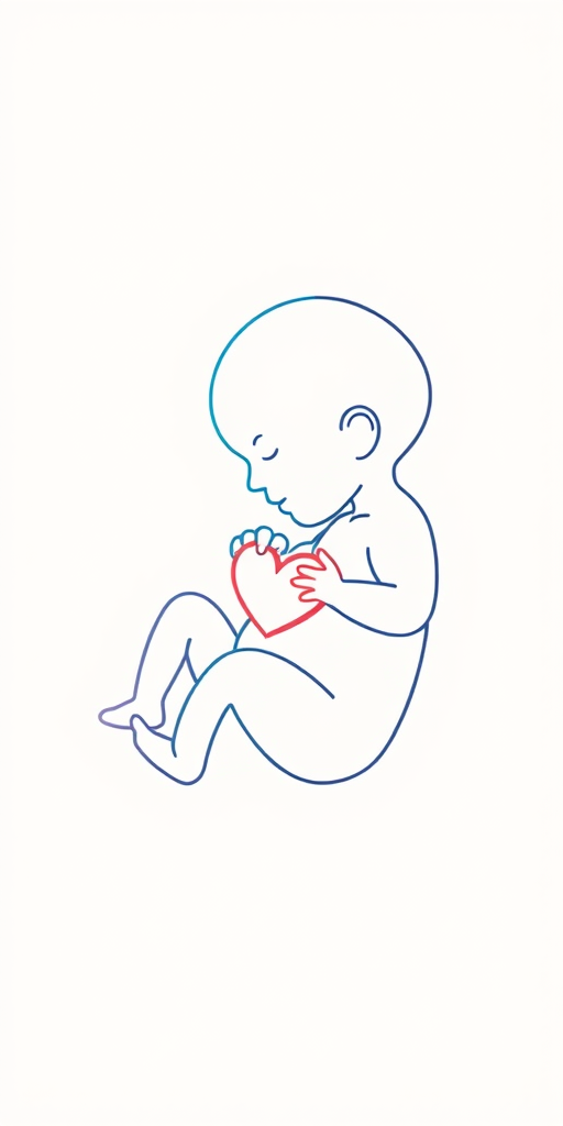 Create a minimalist line art illustration of a fetus with a heart, using soft pastel colors, shot with a Nikon Z6 camera, 50mm lens, f/1.8 aperture, ISO 100, natural light, top-down view, high resolution.