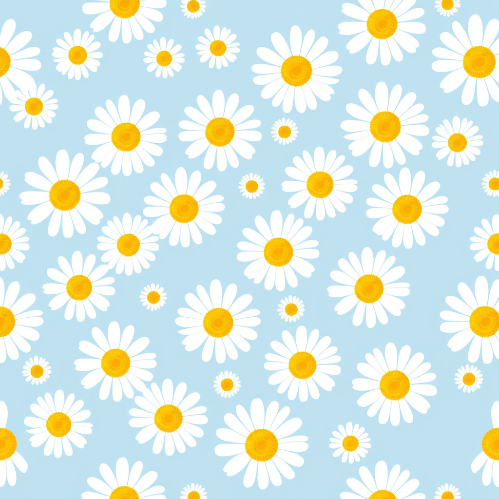 Create a seamless pattern featuring a light blue background filled with white daisies. Each daisy should have a bright yellow center and a simple, clean design. The flowers should be evenly spaced, creating a harmonious and cheerful floral pattern.
