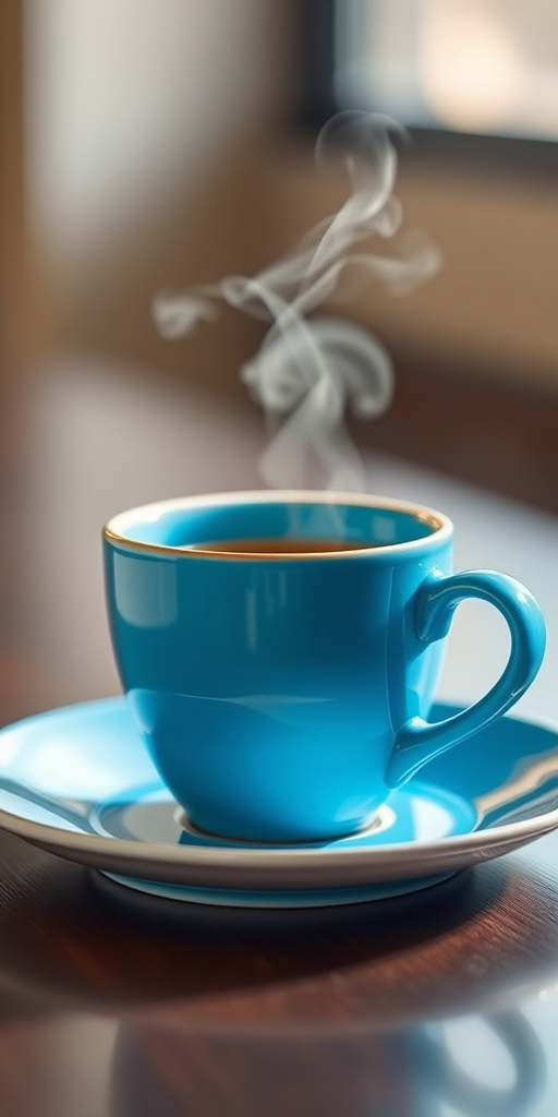 A vibrant blue coffee cup on a saucer with steam rising, captured with a DSLR camera at f/1.8, 50mm lens, ISO 100, in natural light, using a shallow depth of field for a soft background.