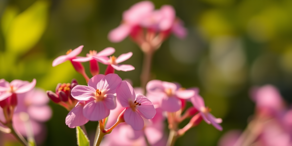 close-up of blooming pink flowers in soft sunlight, shallow depth of field, ISO 100, f/2.8, 1/200 sec, macro lens, DSLR camera, soft focus background