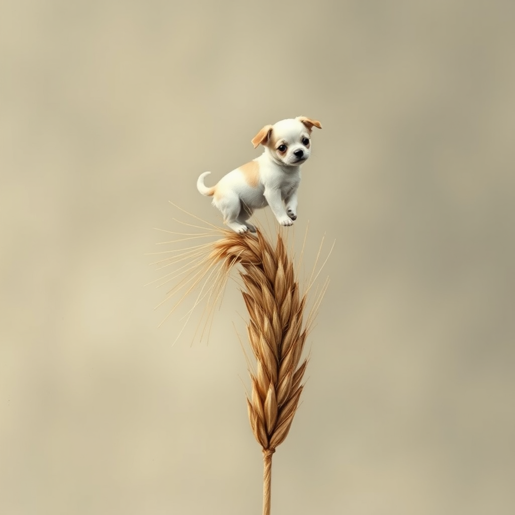 Soft, muted Alcohol Ink with ebru effect background image of tiny whimsical dog, who climbed high on the top of a golden rye ear.