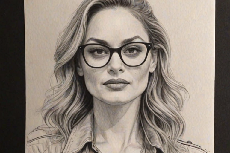 Radiant Drea de Matteo, pencil sketch, portrait of Resplendent woman 1954s in glasses, hair style beatnik, outline, clear lines, fine lines, 8k