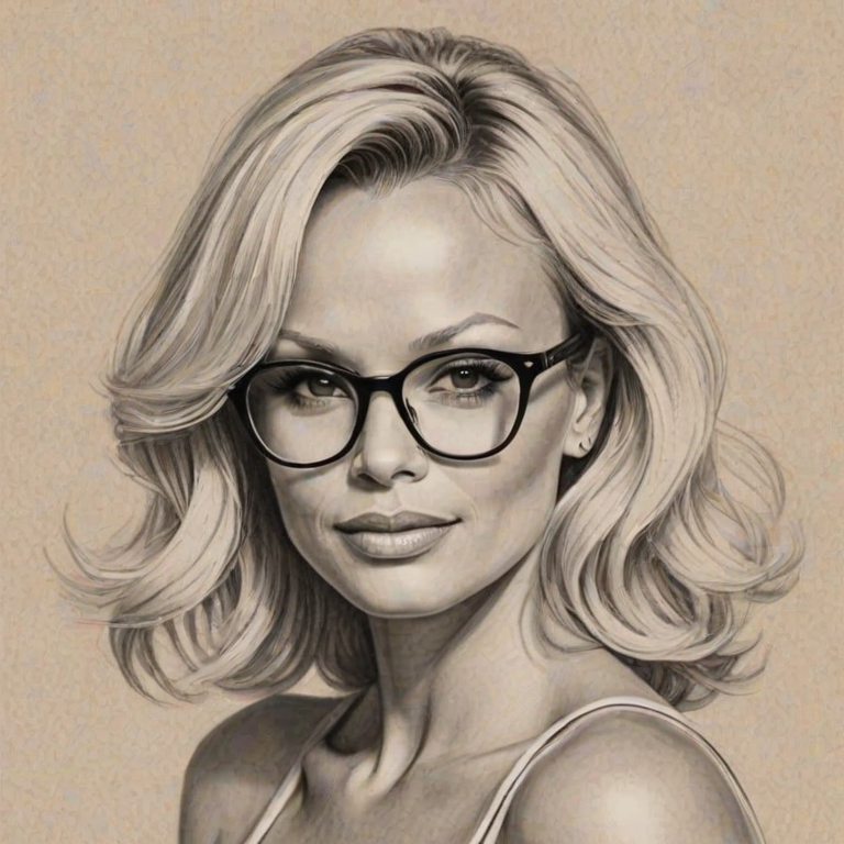 Pleasing Pamela Anderson, pencil sketch, portrait of Lovely woman 1931s in glasses, hair style beatnik, outline, clear lines, fine lines, 8k