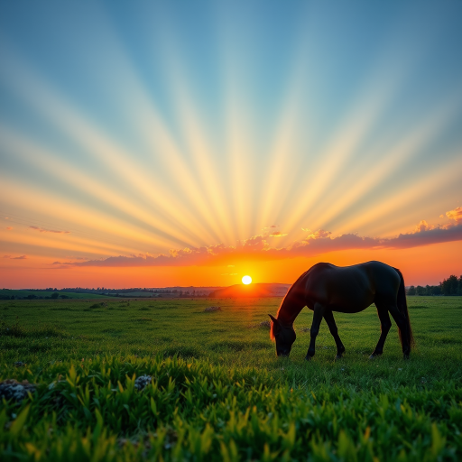 capture a serene landscape of a black horse grazing in a lush green field under a vibrant sunset, with rays of light radiating from the horizon, use a DSLR camera with a 24mm lens, aperture f/8, shutter speed 1/250 sec, ISO 100, shoot from a low angle perspective to enhance the foreground and depth of field
