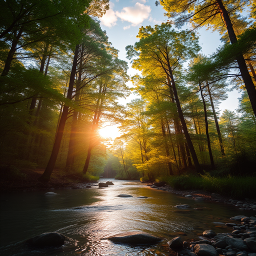 Create an image of a serene, sunlit forest scene with a clear, gently flowing river. Tall trees with lush green foliage line both sides of the river, their leaves bathed in the warm golden light of the setting or rising sun. The sunlight filters through the trees, casting soft, dappled light on the river, which flows over smooth rocks and pebbles, creating a peaceful, natural atmosphere. The sky is bright with a few scattered clouds, and the overall mood is tranquil, evoking a deep sense of connection with nature. The image captures the beauty of a calm, pristine forest landscape at either dawn or dusk.