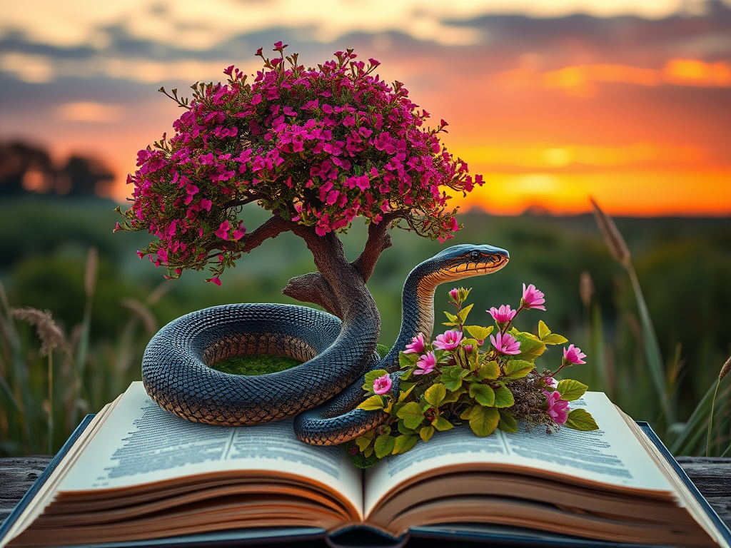 Create an image of a realistic snake intertwined with a vibrant tree and blooming plants emerging from an open book in a serene natural landscape at sunset, captured with a DSLR camera, f/8 aperture, ISO 100, 24mm lens, using a soft focus style for enhanced depth and detail.