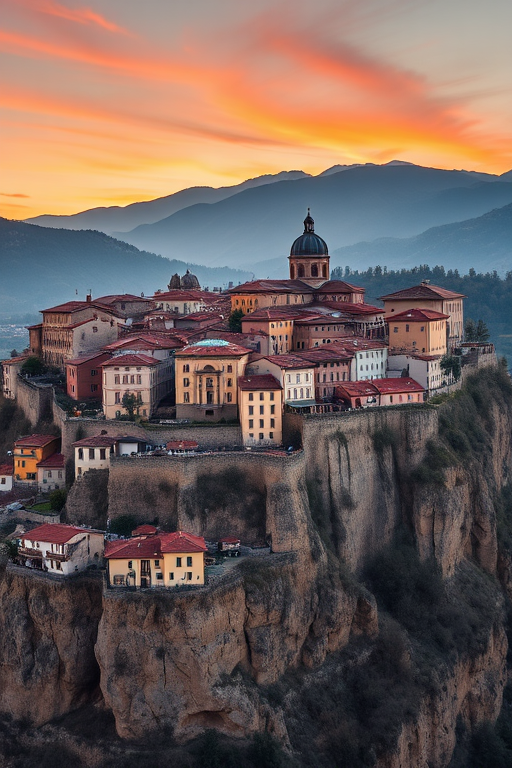Capture a panoramic view of Tbilisi's old town buildings perched on a cliff at golden hour, with a Canon EOS R5, 24mm lens, f/8 aperture, ISO 200, and 1/125 second shutter speed for vibrant colors and sharp details.