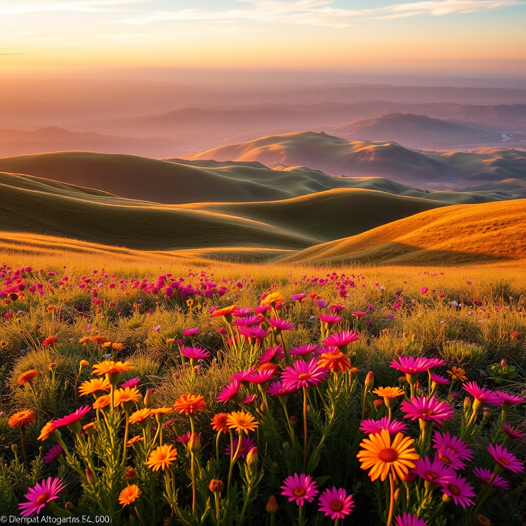 Generate a high-resolution image of a serene landscape featuring rolling hills and vibrant wildflowers, with a DSLR camera, 50mm lens, f/2.8 aperture, ISO 100, and soft natural lighting during golden hour.