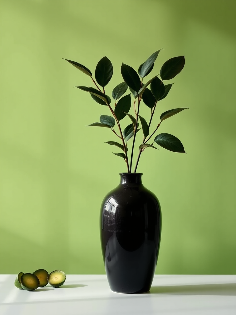 Create a minimalistic still life of a dark vase with leaves, soft green background, natural lighting, 50mm lens, f/2.8 aperture, shot from eye level, using a DSLR camera.