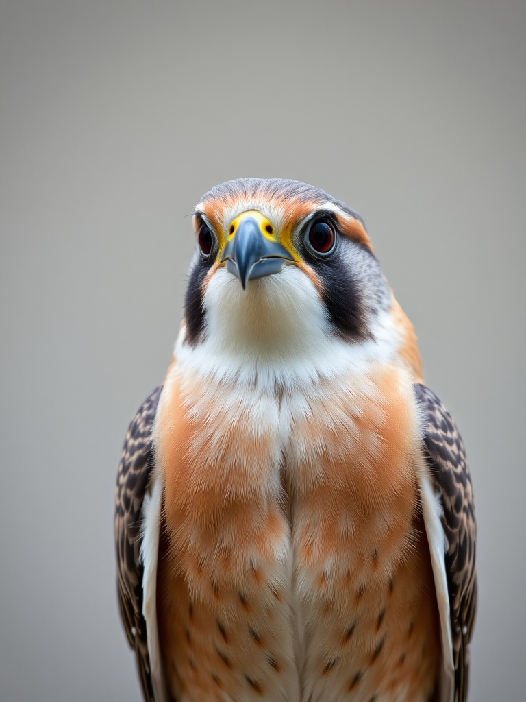 Close-up shot of a small falcon with orange and gray plumage, soft natural light, aperture f/4, ISO 200, shutter speed 1/250s, DSLR camera, shallow depth of field, neutral background for enhanced detail.