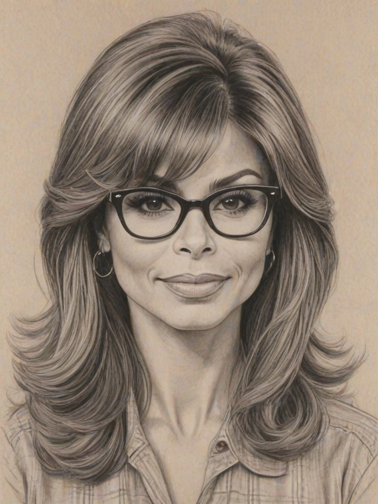 Delightful Paula Abdul, pencil sketch, portrait of Attractive woman 1959s in glasses, hair style beatnik, outline, clear lines, fine lines, 8k