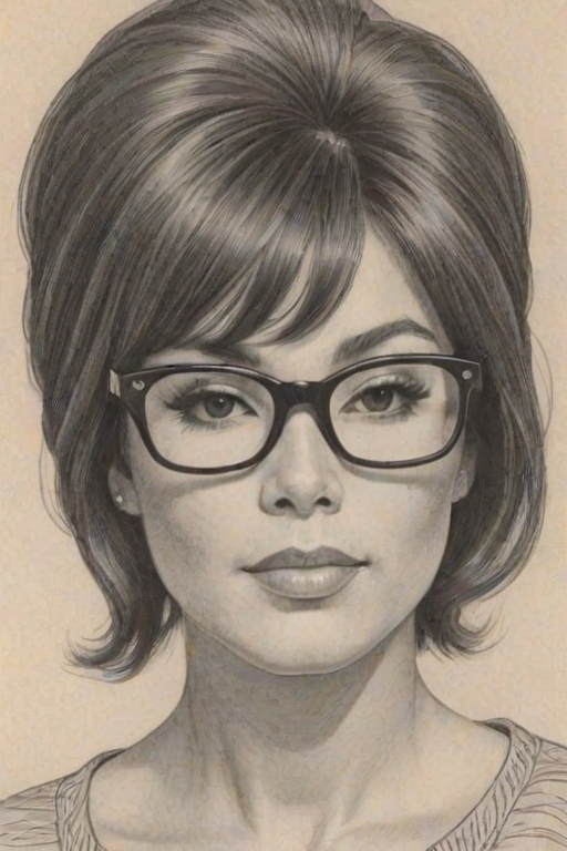 Sublime Michele Lee, pencil sketch, portrait of Pleasing woman 1963s in glasses, hair style beatnik, outline, clear lines, fine lines, 8k