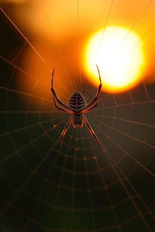 close-up of a spider on its web with a blurred sunset background, taken with a Canon EOS R5, 85mm f/1.4 lens, f-stop 2.8, ISO 100, shutter speed 1/200s, natural light, shallow depth of field, macro perspective