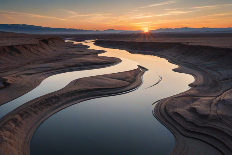 create an abstract landscape depicting a river winding through a smooth, reflective surface at sunset with a gradient sky and flowing lines representing water movement