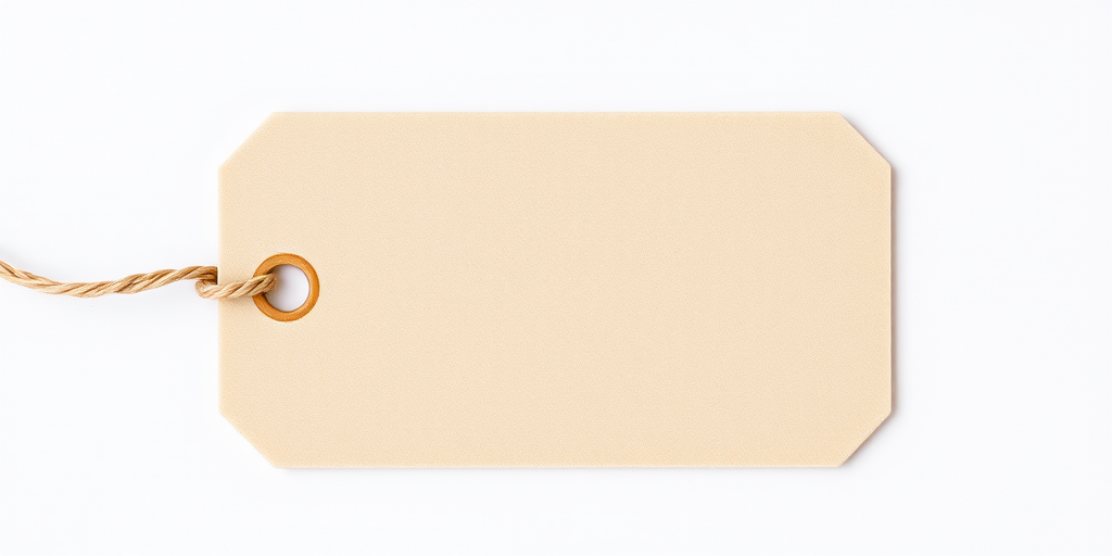 create a high-resolution image of a blank beige tag with a rounded edge and hole at the top, taken with a Canon EOS R5, aperture f/2.8, ISO 100, natural light, top-down view on a plain white background