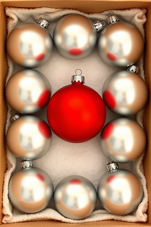 Create an image of a neatly arranged box containing twelve Christmas ornaments. The ornaments should be silver and matte in finish, with one bright red ornament in the center. The box should have a soft, cushioned lining to protect the ornaments, and the overall aesthetic should convey a festive holiday spirit.