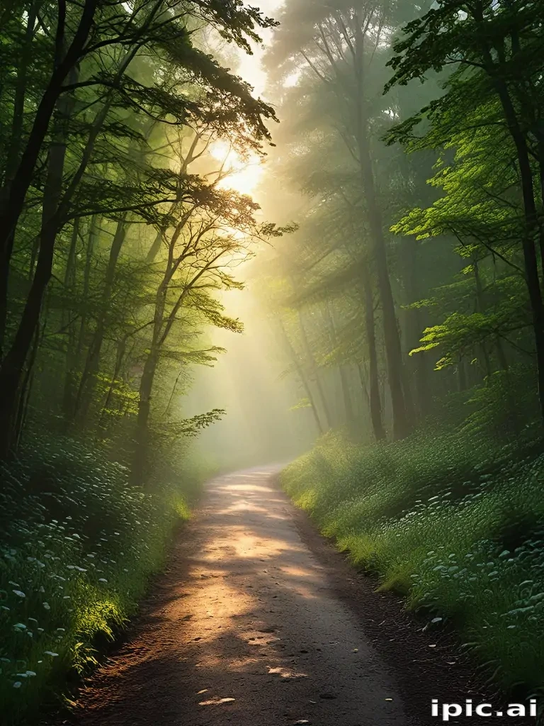 Serene Morning Light Filtering Through Lush Trees Along a Quiet Path