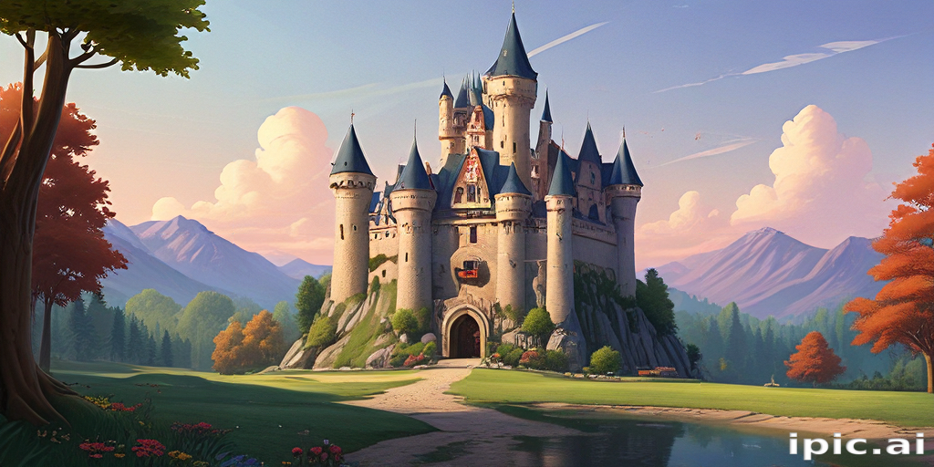 Majestic Castle Surrounded by Lush Greenery and Serene Mountains at Dusk