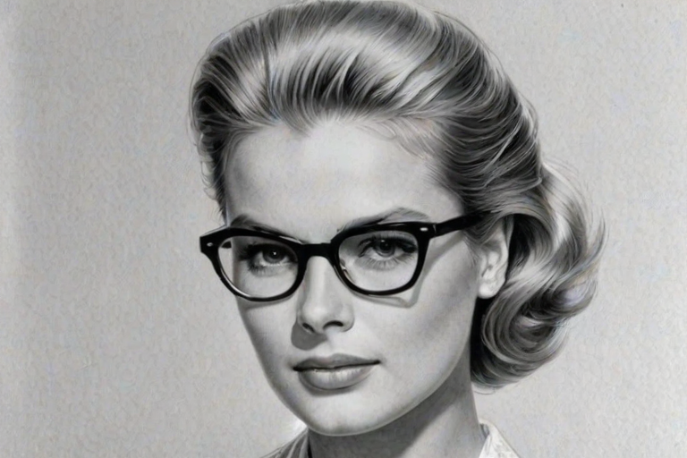 Radiant Grace Kelly, pencil sketch, portrait of Bewitching woman 1973s in glasses, hair style beatnik, outline, clear lines, fine lines, 8k