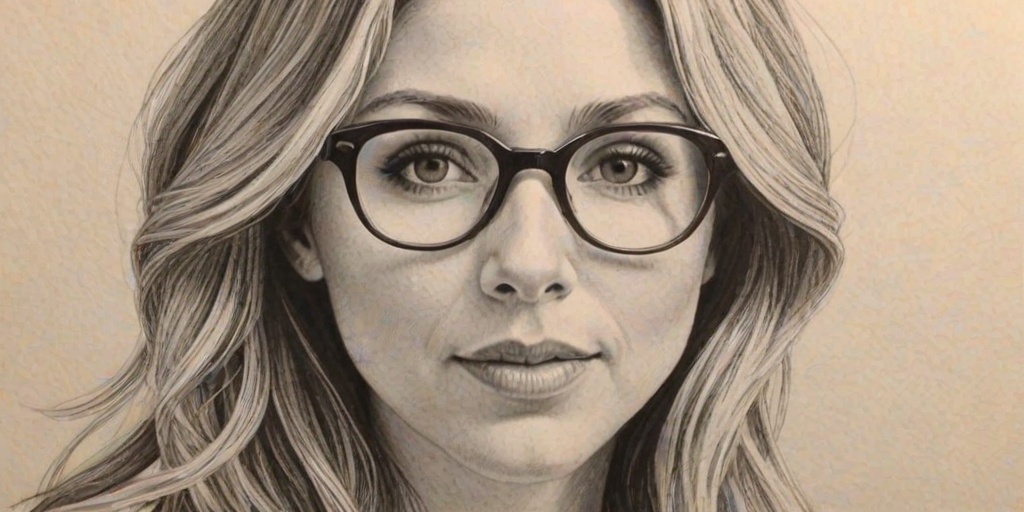 Magnificent Sarah Chalke, pencil sketch, portrait of Stunning woman 1966s in glasses, hair style beatnik, outline, clear lines, fine lines, 8k