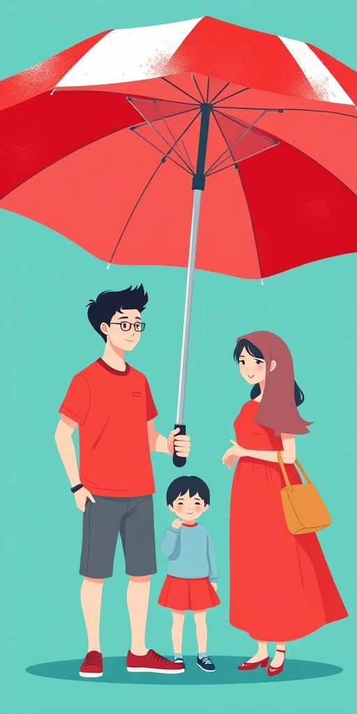 Generate a family illustration of two adults and a child under a large red and white umbrella, on a solid turquoise background, using a high-resolution digital camera, 50mm lens with an aperture of f/1.8, soft focus style, taken from eye level.
