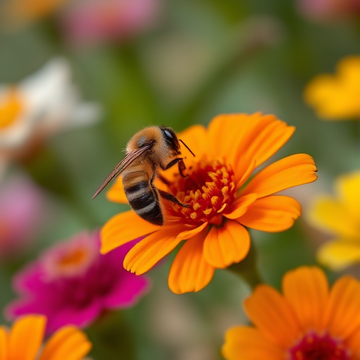 A macro shot of a bee on a bright orange flower surrounded by colorful blooms, with a shallow depth of field, f-stop 2.8, ISO 100, 50mm lens, natural light illumination, capture in vibrant colors, high detail, soft bokeh background.