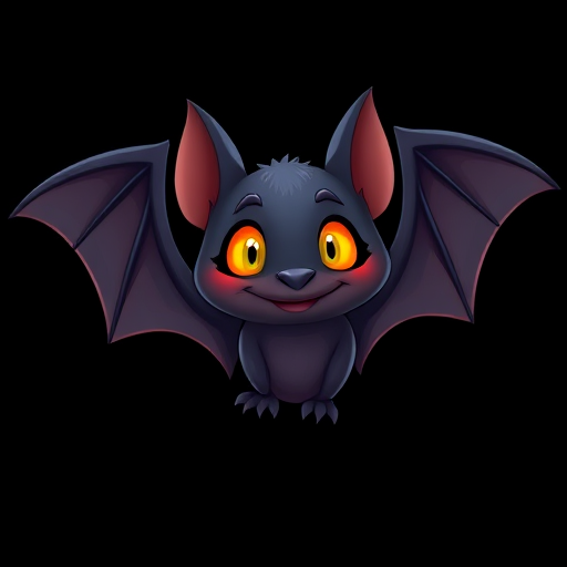 Create a high-resolution illustration of a cartoon bat with glowing yellow eyes against a dark background, using a Canon EOS R5 camera, 50mm lens, f/2.8 aperture, ISO 100, and a wide-angle view to emphasize the bat's features.