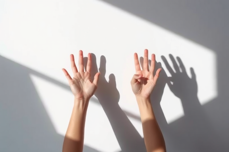 hands reaching upwards with shadows, minimalist design, bright white background, soft focus, high resolution, taken with a DSLR camera at f/2.8, 50mm lens, natural lighting, top-down view
