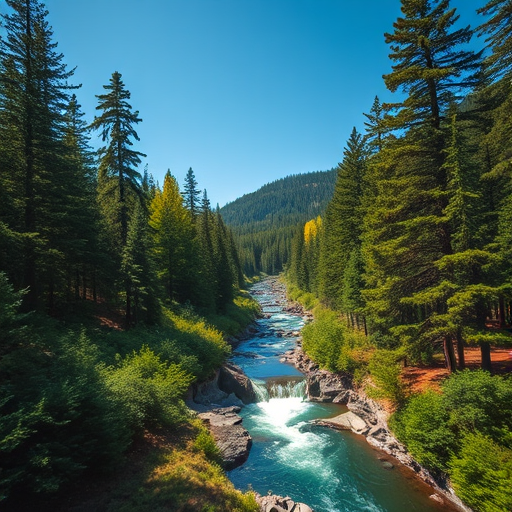 Create a detailed image of a serene landscape featuring a lush forest with a river flowing through it, captured with a Canon EOS R5, 50mm lens, f/1.8 aperture, ISO 100, in sunlight with a shallow depth of field to enhance the colors and clarity.