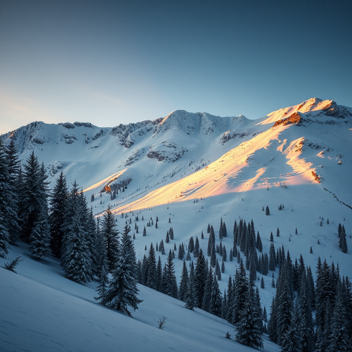 Photograph a snow-covered mountain slope at sunset with dramatic shadows, using a full-frame DSLR camera set to ISO 200, aperture f/8, shutter speed 1/250s, with a 24-70mm lens from a low angle to capture the texture of the snow and trees, in landscape orientation.