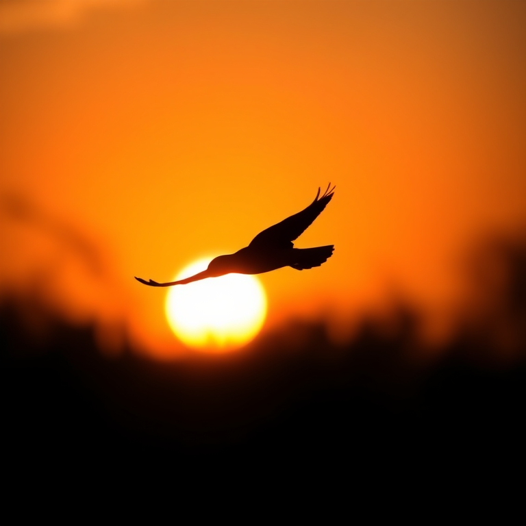 Create a high-resolution image of a silhouette of a bird in flight against a sunset background, using a DSLR camera with a 50mm lens, aperture f/1.8, ISO 100, and a warm color palette to enhance the contrast.