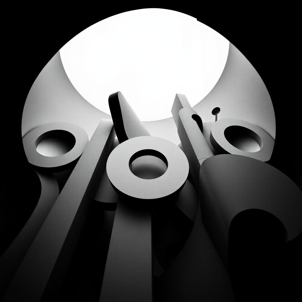 Generate an abstract black and white image featuring various shapes and forms, shot with a Canon EOS R5 at f/8, ISO 100, 1/200s, in a wide-angle view using a contemporary photography style.