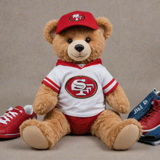 A cute and fluffy teddy bear dressed in a San Francisco 49ers-themed outfit, wearing a red cap with the 49ers logo, aviator sunglasses, and a white football jersey with red accents. The bear is also wearing casual jeans and red and white sneakers, while sitting in a relaxed pose with a football beside it. The teddy bear has a cool, laid-back attitude, with a sporty vibe. The background is clean and minimal, highlighting the bear as the main focus.