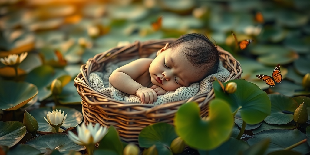 A serene scene of an infant sleeping in a woven basket surrounded by lily pads and butterflies, captured with a Canon EOS R5, 50mm f/1.2 lens, aperture set to f/2.8, ISO 200, in golden hour lighting for a soft, ethereal glow and shallow depth of field.