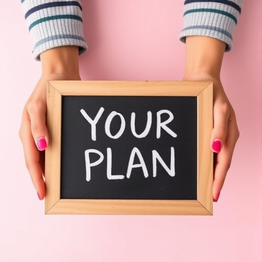 Create an image of two hands holding a framed chalkboard with the words "YOUR PLAN" written in bold, white, playful letters on a soft pastel background, using a DSLR camera with a 50mm lens, aperture set to f/2.8, ISO 100, and captured from a slight overhead angle to enhance clarity and depth.
