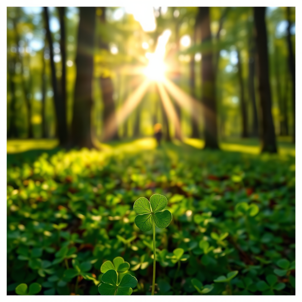 Generate a vibrant forest scene with a single four-leaf clover in the foreground, surrounded by a sea of clovers, sunlight filtering through trees creating dramatic rays, soft focus background, use a DSLR camera with an aperture of f/2.8, ISO 100, and a focal length of 50mm for enhanced depth of field.