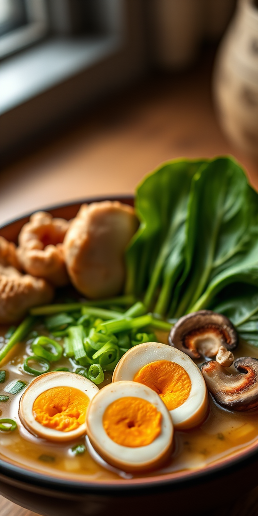 Generate a high-quality image of a bowl of ramen featuring tender chicken, soft-boiled eggs, green onions, mushrooms, and bok choy, in natural light, using a Canon EOS 5D Mark IV with a 50mm f/1.8 lens, aperture at f/2.8, shutter speed at 1/100 sec, and ISO 200, with a shallow depth of field to enhance the food details.
