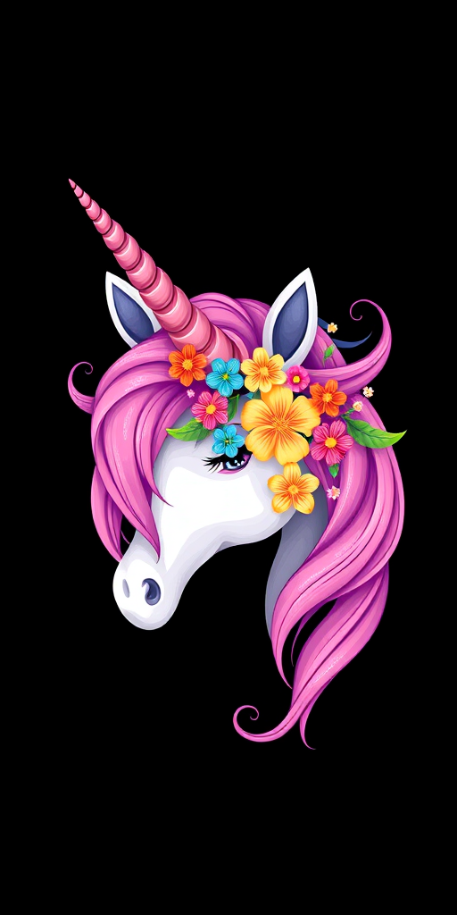 Create a whimsical illustration of a unicorn head featuring a vibrant pink spiral horn, adorned with colorful flowers, set against a simple black background, captured with a DSLR camera at f/4 aperture, 50mm lens, ISO 100, in vibrant color mode, focus on sharp details and soft bokeh effect.