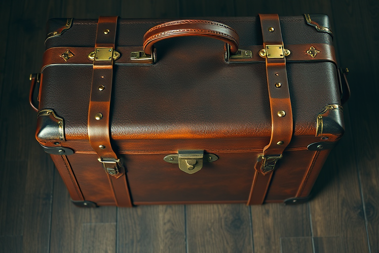 regenerate a vintage leather suitcase with brass accents, high resolution, 50mm lens, f/2.8 aperture, soft natural lighting, top-down camera view, DSLR camera type